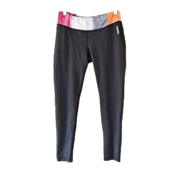 Reebok Black with Multicolored Waist Band Athletic Leggings - Picture 1 of 8
